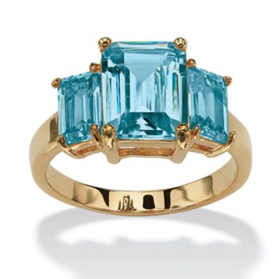 Seta Jewelry Emerald-Cut Simulated Birthstone 3-Stone Ring 18k Gold-Plated, Blue, 9