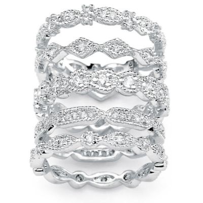 Seta Jewelry 5-Piece 1.55 TCW Round Cubic Zirconia Stack Eternity Bands Set in Silvertone, White, 7