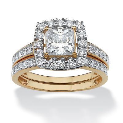 Seta Jewelry 1.99 TCW Princess Cut CZ 14k Gold-Plated Halo Bridal Set