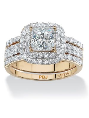 Seta Jewelry 2.37 TCW Princess-Cut Cubic Zirconia 14k Gold-Plated 3-Piece Double Halo Bridal Ring Set