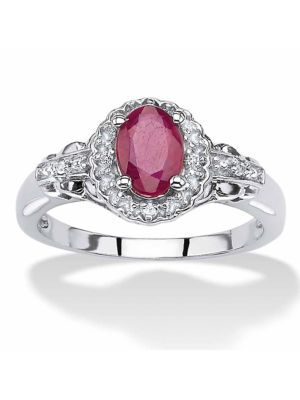 Seta Jewelry 1.18 TCW Oval-Cut Genuine Ruby and White Topaz Halo Cocktail Ring in Platinum-plated, Green, 6