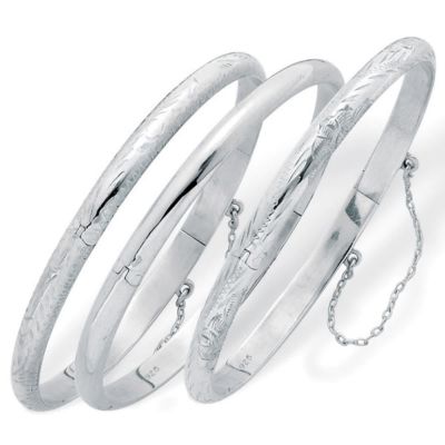 Seta Jewelry Polished, Engraved and Floral Three-Piece Bangle Set in Sterling Silver