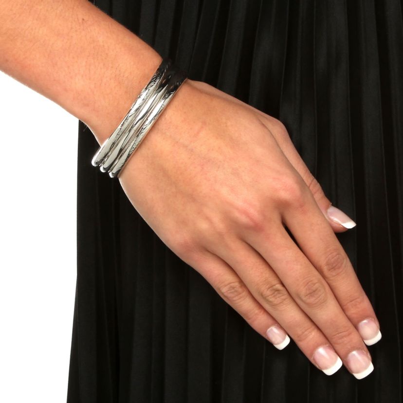 Polished, Engraved and Floral Three-Piece Bangle Set in .925 Sterling Silver
