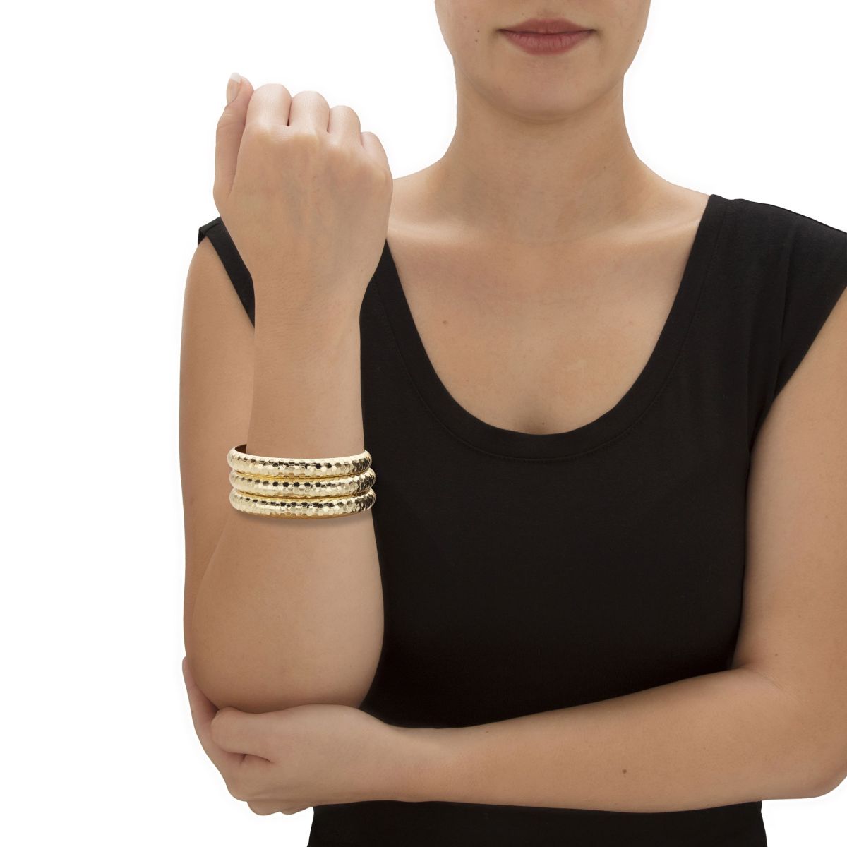 Yellow Goldtone Hammered 3-Piece Bangle Bracelet Set 8.5"