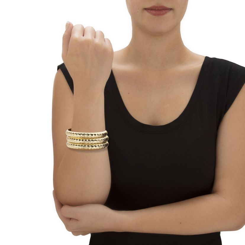 Yellow Goldtone Hammered 3-Piece Bangle Bracelet Set 8.5"