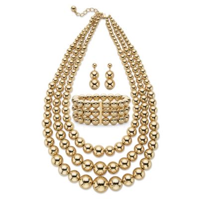 Seta Jewelry Graduated Beaded Goldtone Triple-Strand 3-Piece Necklace, Earring and Stretch Bracelet Set 16.5"-19.5"
