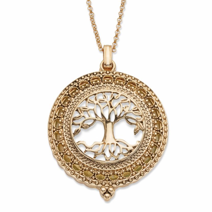 Tree of Life Antiqued Goldtone Magnifying Glass Pendant Necklace 24"