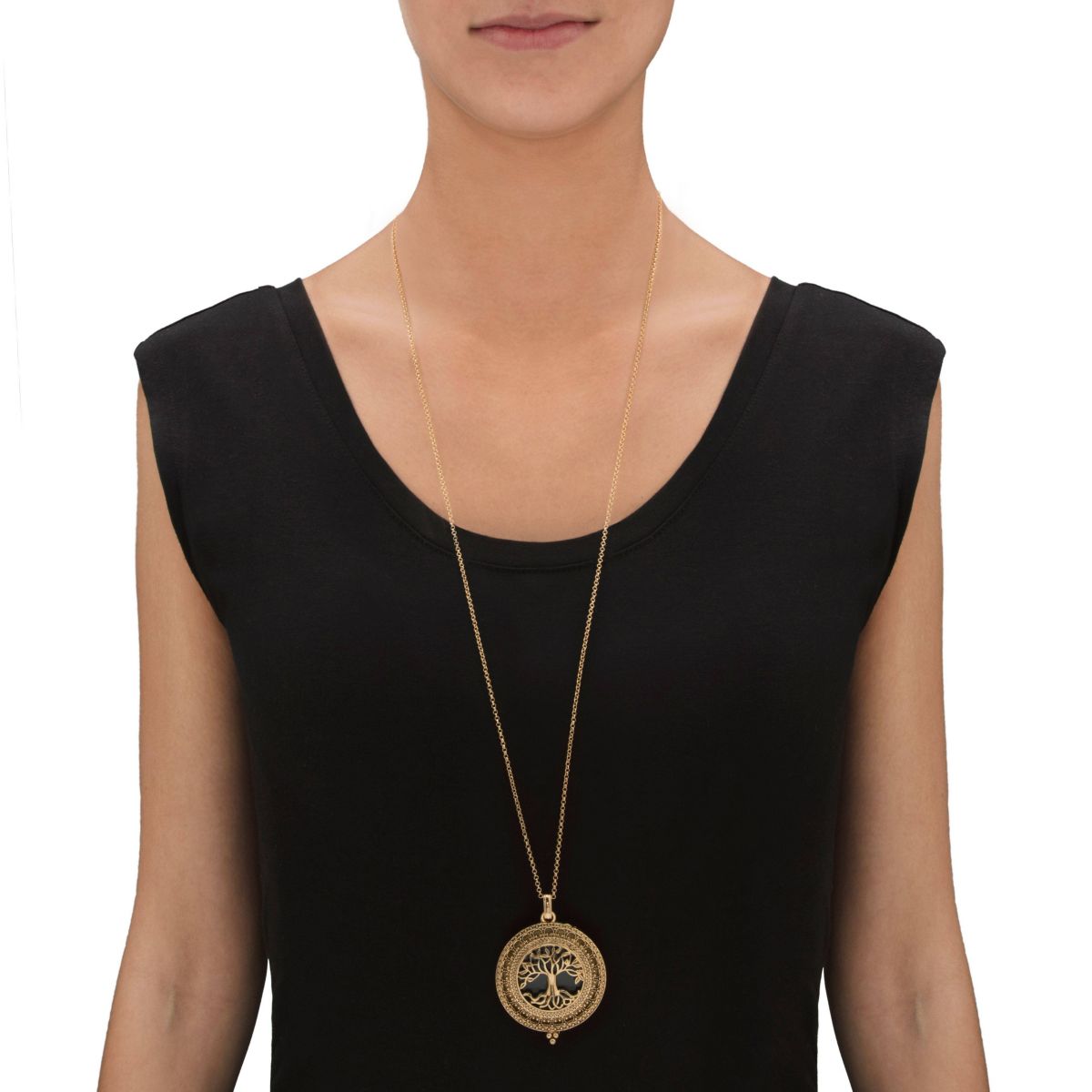Tree of Life Antiqued Goldtone Magnifying Glass Pendant Necklace 24"