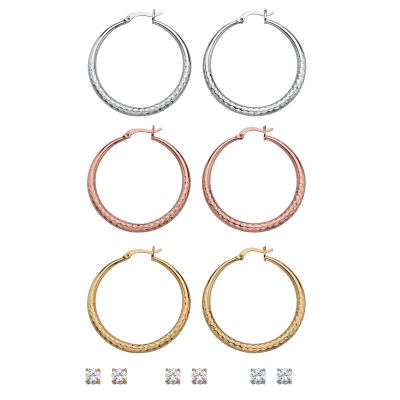 Seta Jewelry 4 Cttw. 6-Pair CZ Stud and Hoop Set Goldtone & Gold Ion Plated Stainless Steel