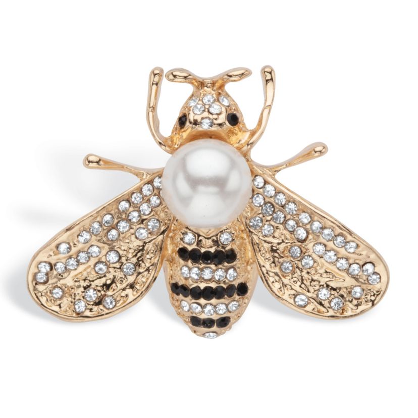 Black and White Crystal Bee Pin With Simulated Pearl Goldtone 1 1/4" Length