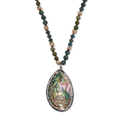 Seta Jewelry Genuine Green Jasper and Peacock Mother of Pearl Silvertone Beaded Pendant Necklace 34", Blue