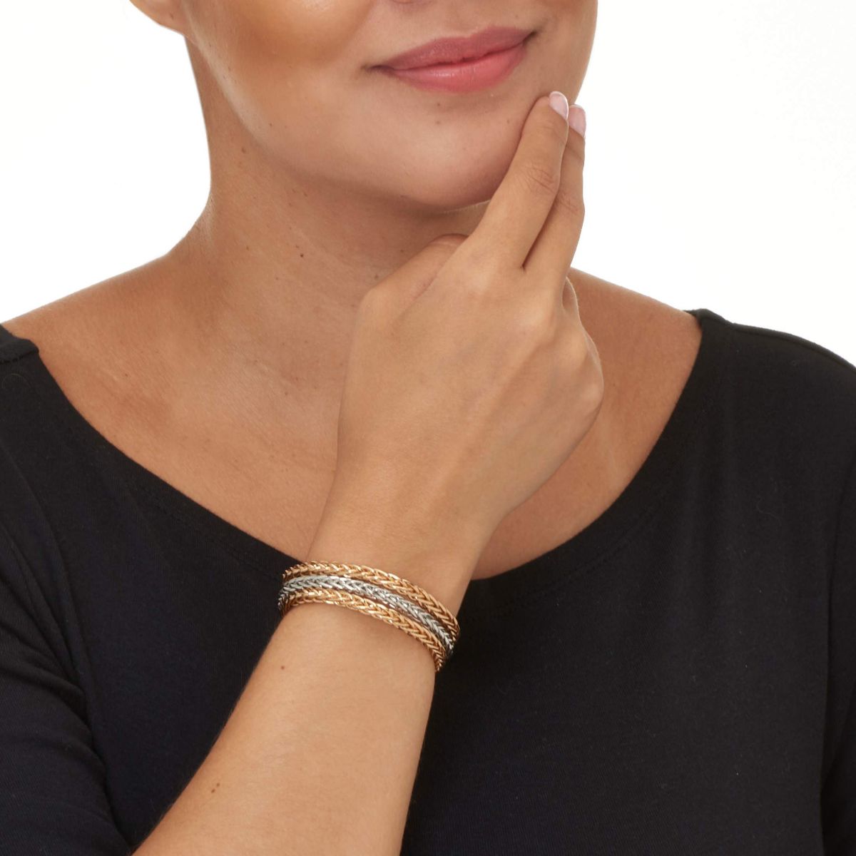 Braided Goldtone and Silvertone Cuff Bracelets 6 inch, 3-Piece Set