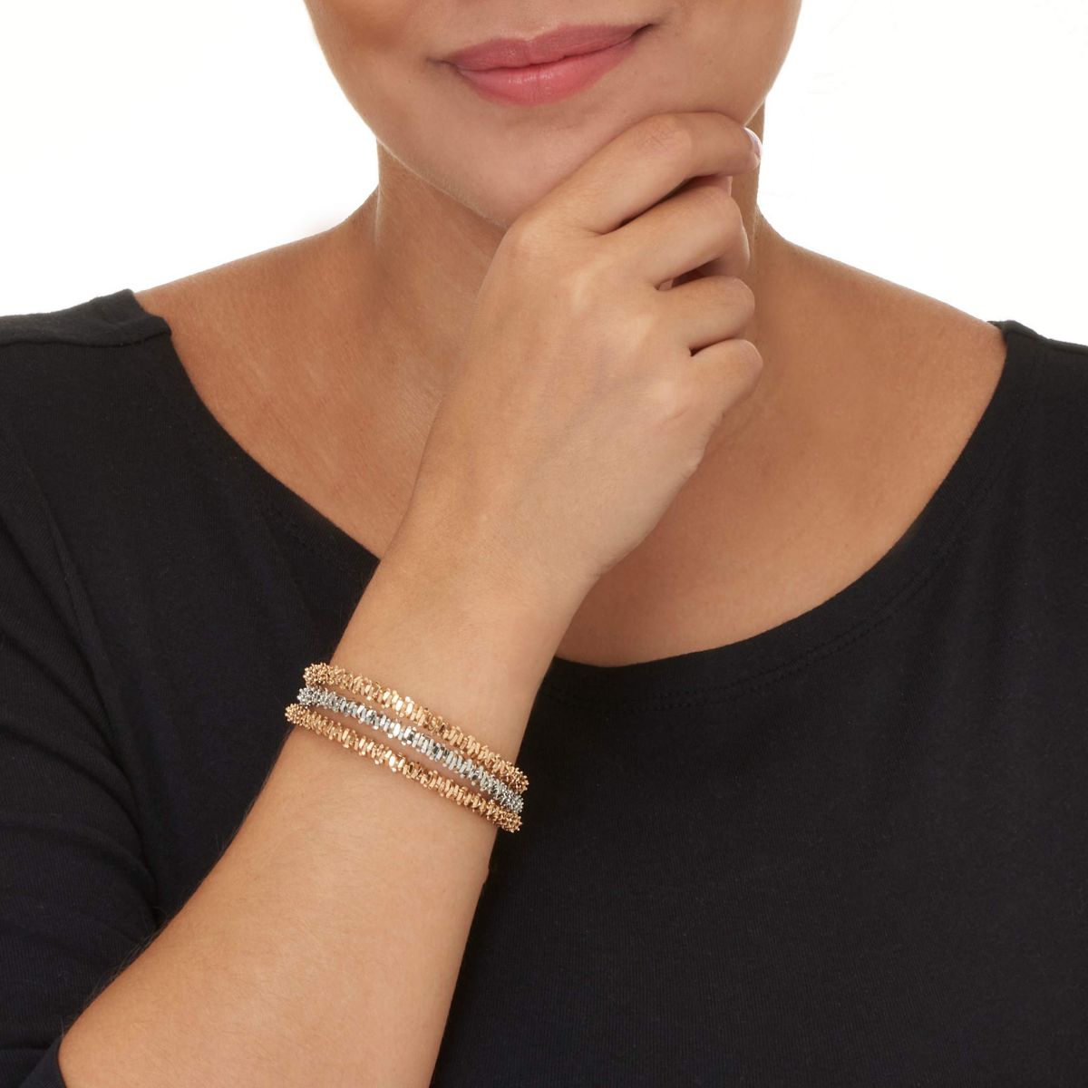 Textured Goldtone and Silvertone Cuff Bracelets 6 inch, 3-Piece Set