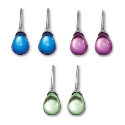 Seta Jewelry Pear Shaped Green Pink and Blue Crystal Silvertone Drop Earrings, 3-Pair Set