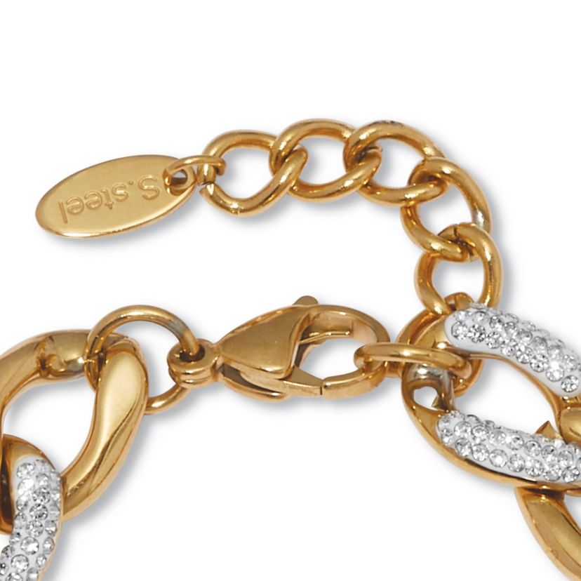 Round Crystal Gold Ion-Plated Stainless Steel Link Necklace Set 18 to 20-inch