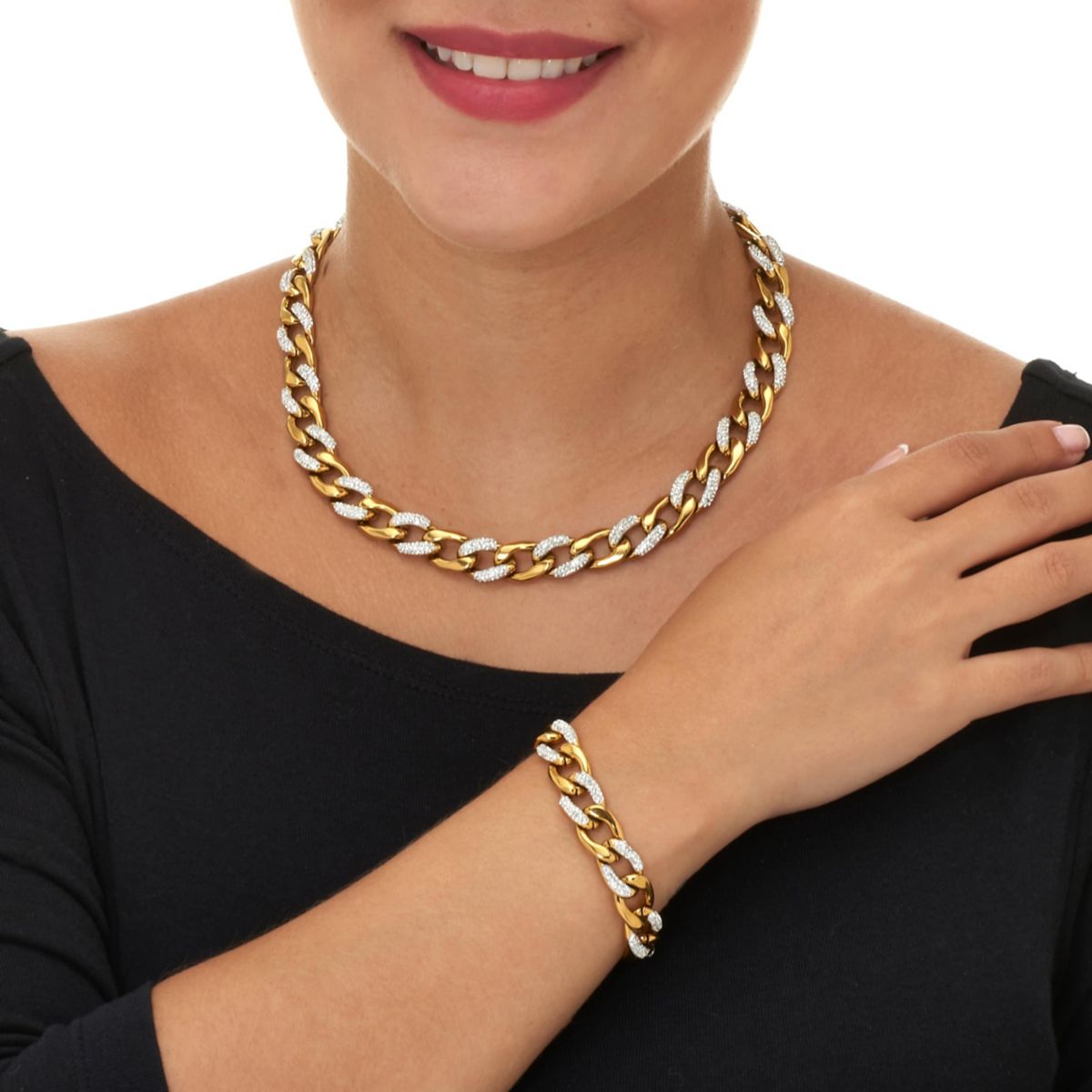 Round Crystal Gold Ion-Plated Stainless Steel Link Necklace Set 18 to 20-inch