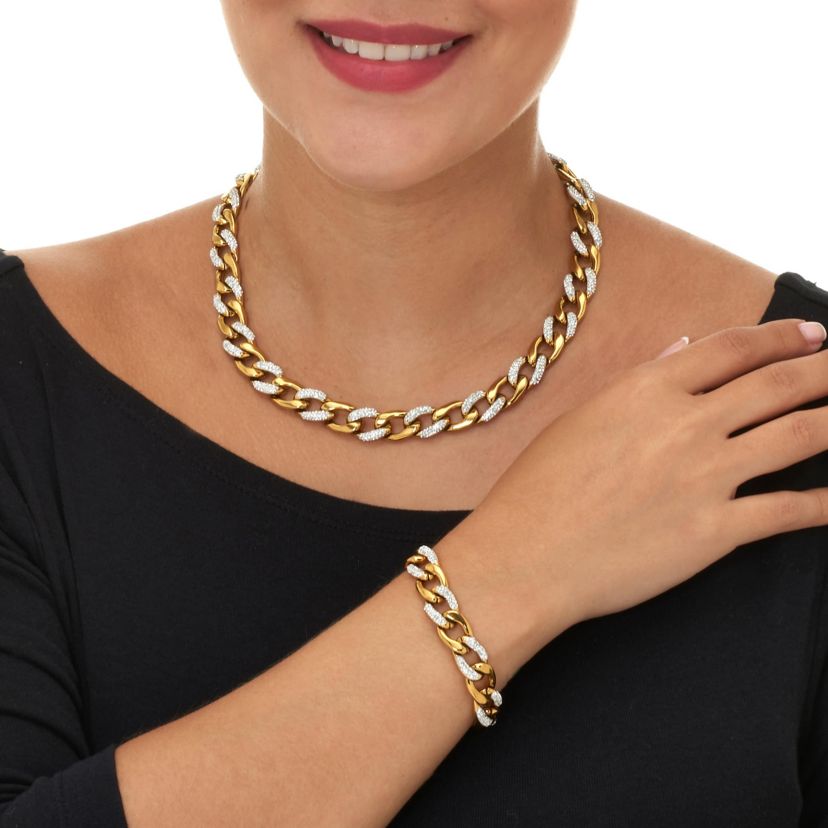 Round Crystal Gold Ion-Plated Stainless Steel Link Necklace Set 18 to 20-inch