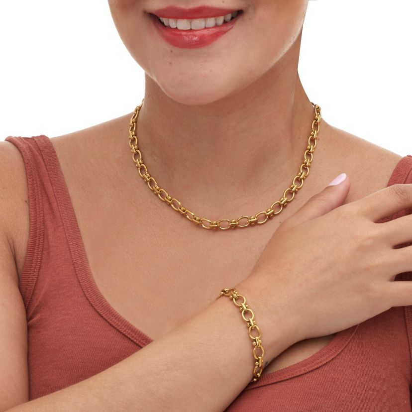 Round Yellow Gold Ion-Plated Stainless Steel Link Necklace Set, 18 to 20-inch