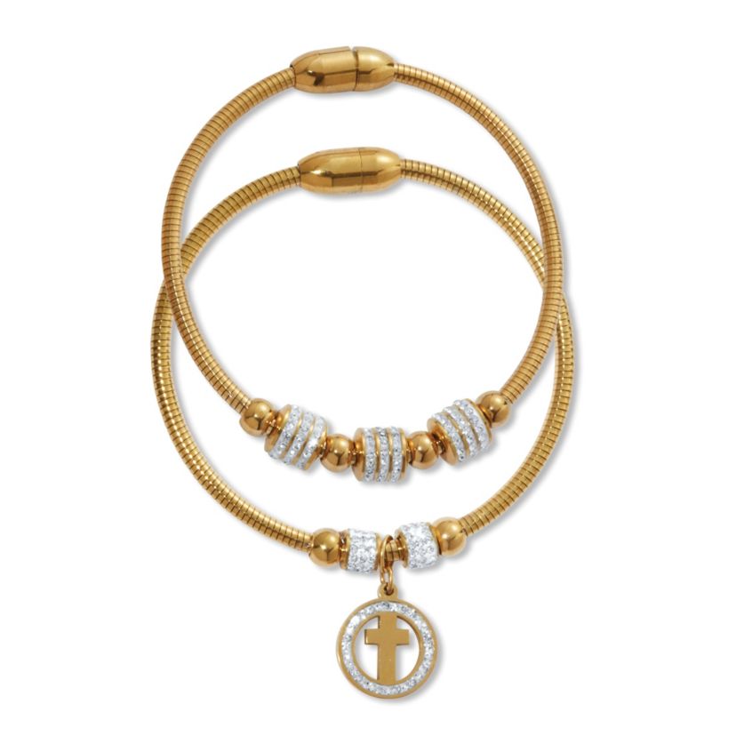Round Crystal Gold Ion-Plated Stainless Steel Cross Charm Bracelet Set 7-inch