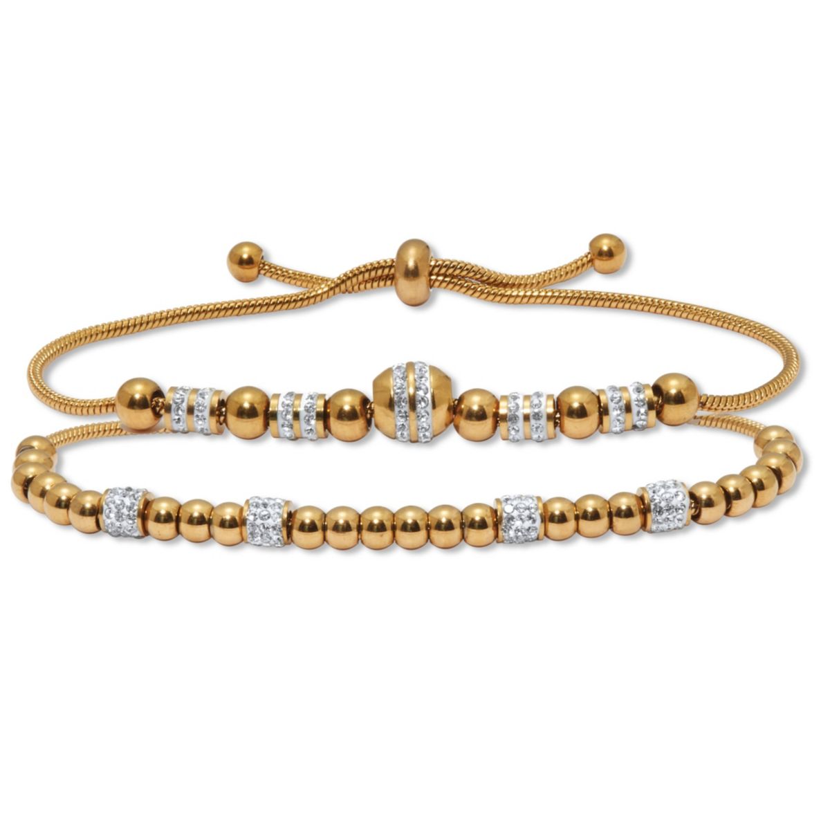 Round Crystal Gold Ion-Plated Stainless Steel Beaded Bracelet Set 7-inch