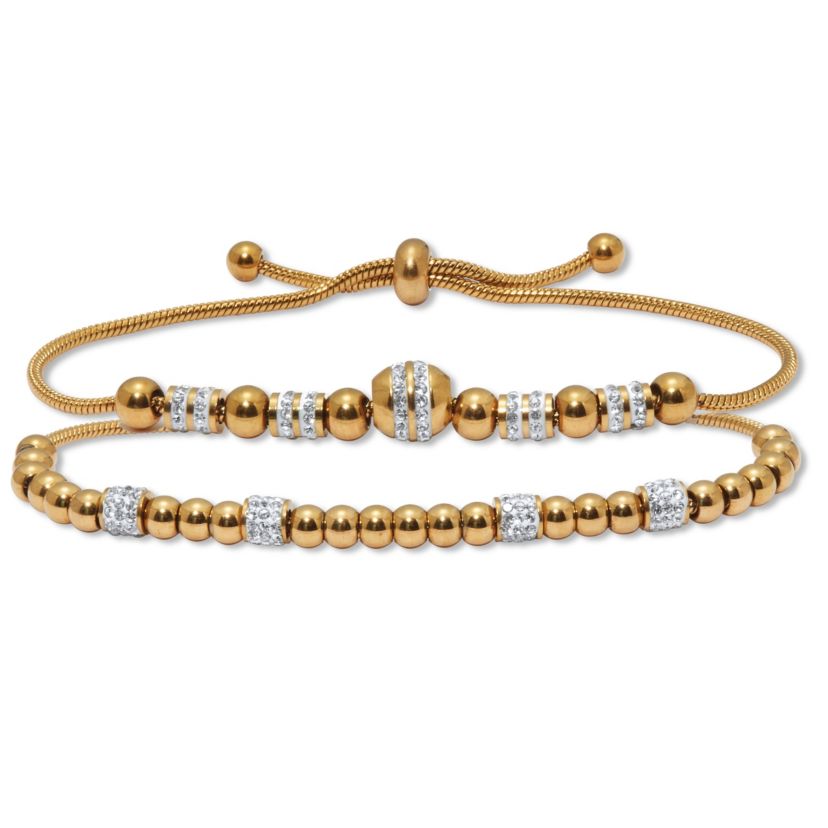 Round Crystal Gold Ion-Plated Stainless Steel Beaded Bracelet Set 7-inch
