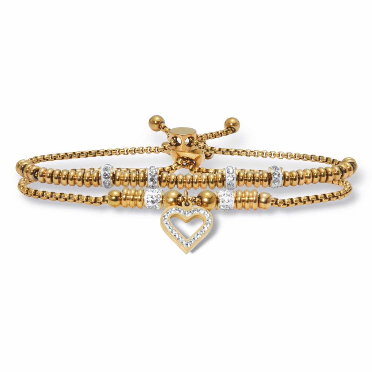 Round Crystal Gold Ion-Plated Stainless Steel Heart Charm Bracelet Set 7-inch