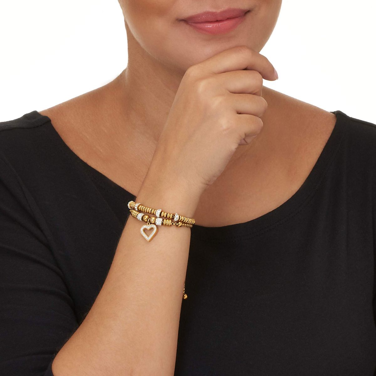 Round Crystal Gold Ion-Plated Stainless Steel Heart Charm Bracelet Set 7-inch