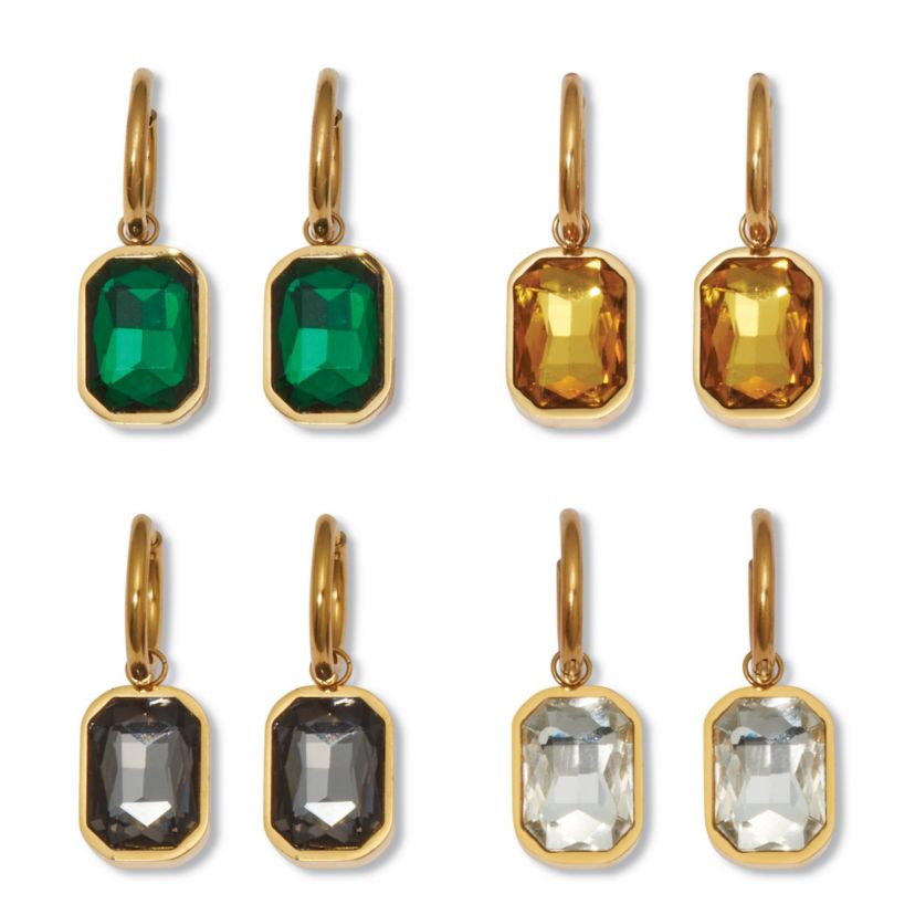 Emerald Cut Crystal Yellow Gold Ion-Plated Stainless Steel Drop Earrings Set