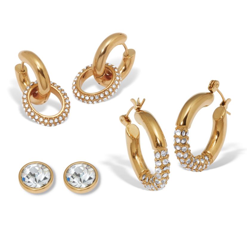 Round Crystal Yellow Gold Ion-Plated Stainless Steel Earrings, 3-Pair Set