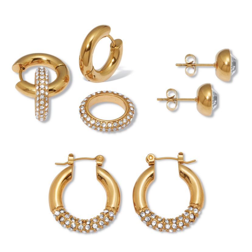 Round Crystal Yellow Gold Ion-Plated Stainless Steel Earrings, 3-Pair Set