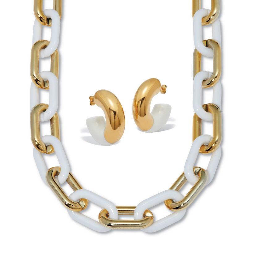 Acrylic Link Necklace and Gold Ion-Plated Stainless Steel Hoop Earrings Set