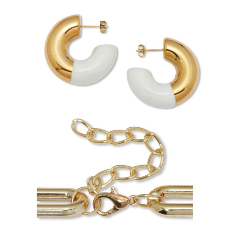 Acrylic Link Necklace and Gold Ion-Plated Stainless Steel Hoop Earrings Set