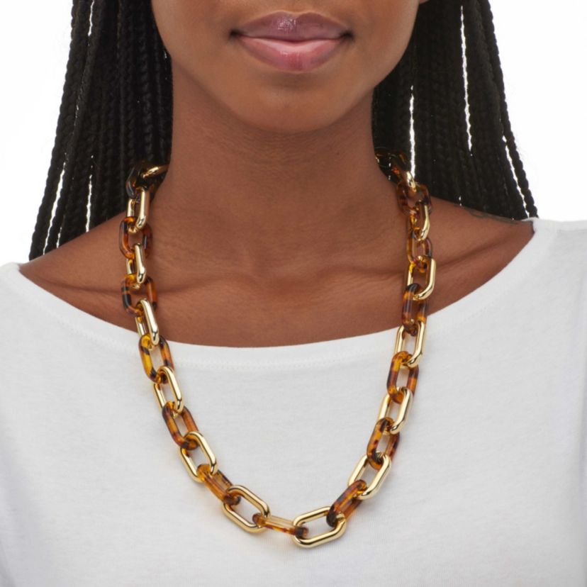 Acrylic Link Tortoise Shell and Gold Ion-Plated Stainless Steel Jewelry Set