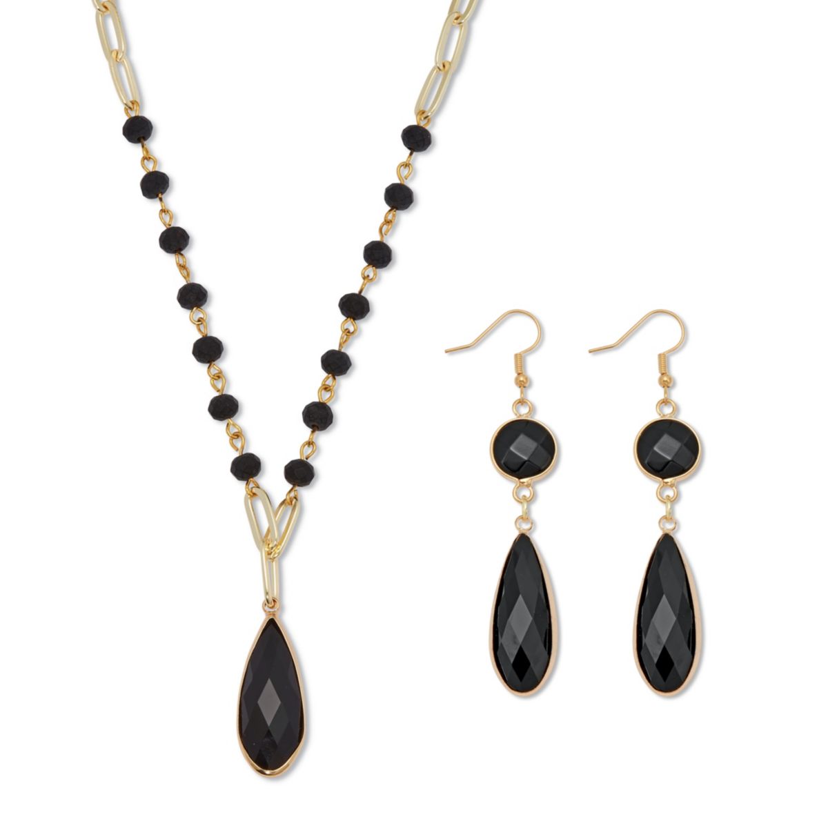 Black Crystal Goldtone Vintage-Inspired Necklace and Earring Set