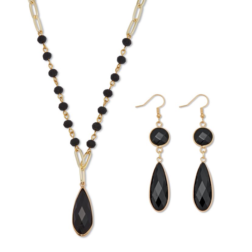 Black Crystal Goldtone Vintage-Inspired Necklace and Earring Set