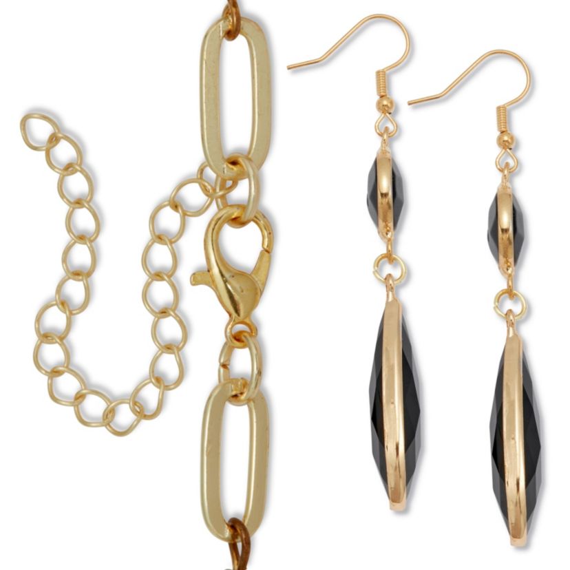 Black Crystal Goldtone Vintage-Inspired Necklace and Earring Set