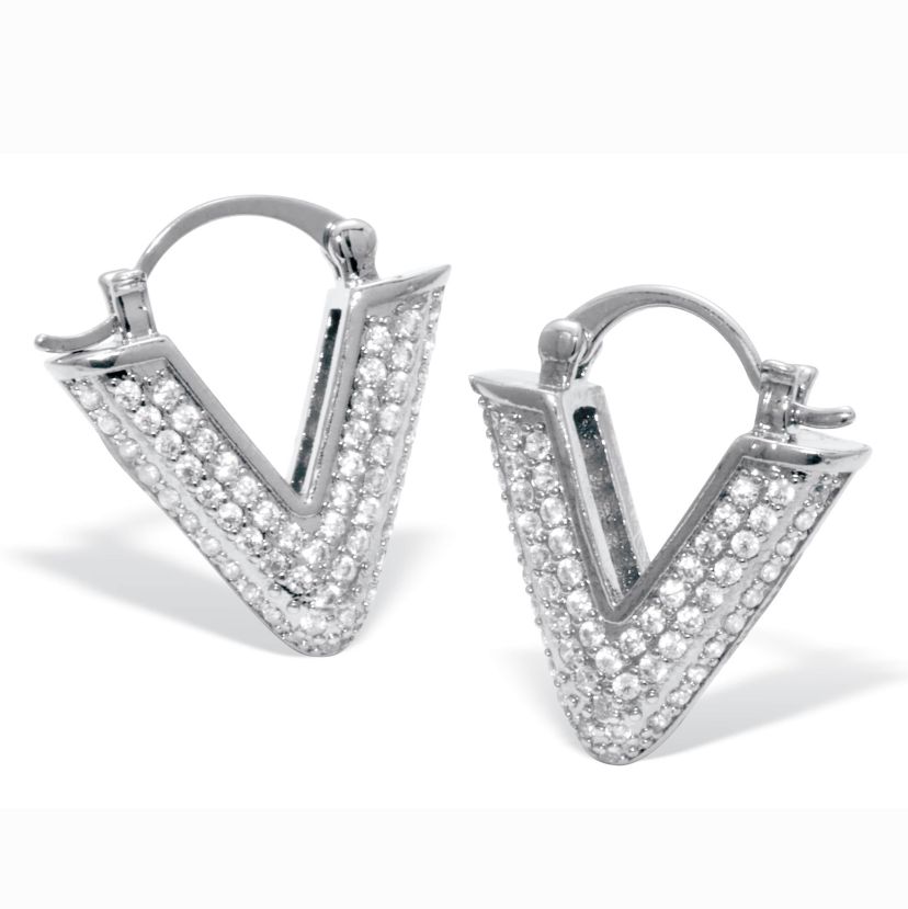 Round Pave-Style Crystal Silvertone V-Hoop Earrings