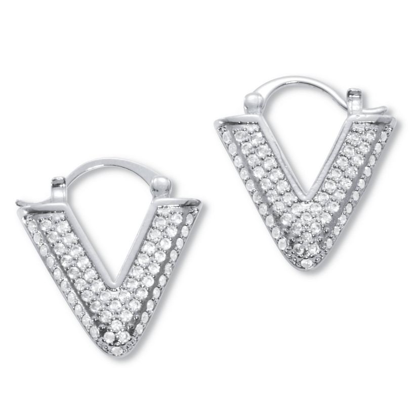 Round Pave-Style Crystal Silvertone V-Hoop Earrings