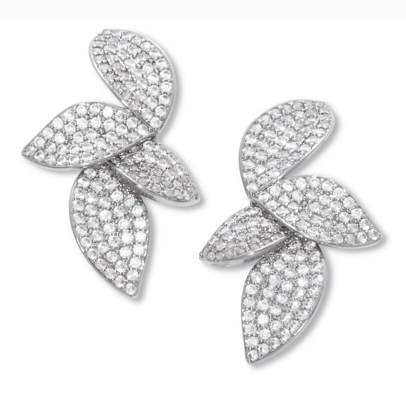 Round Pave-Style Crystal Silvertone Drop Flower Shape Earrings