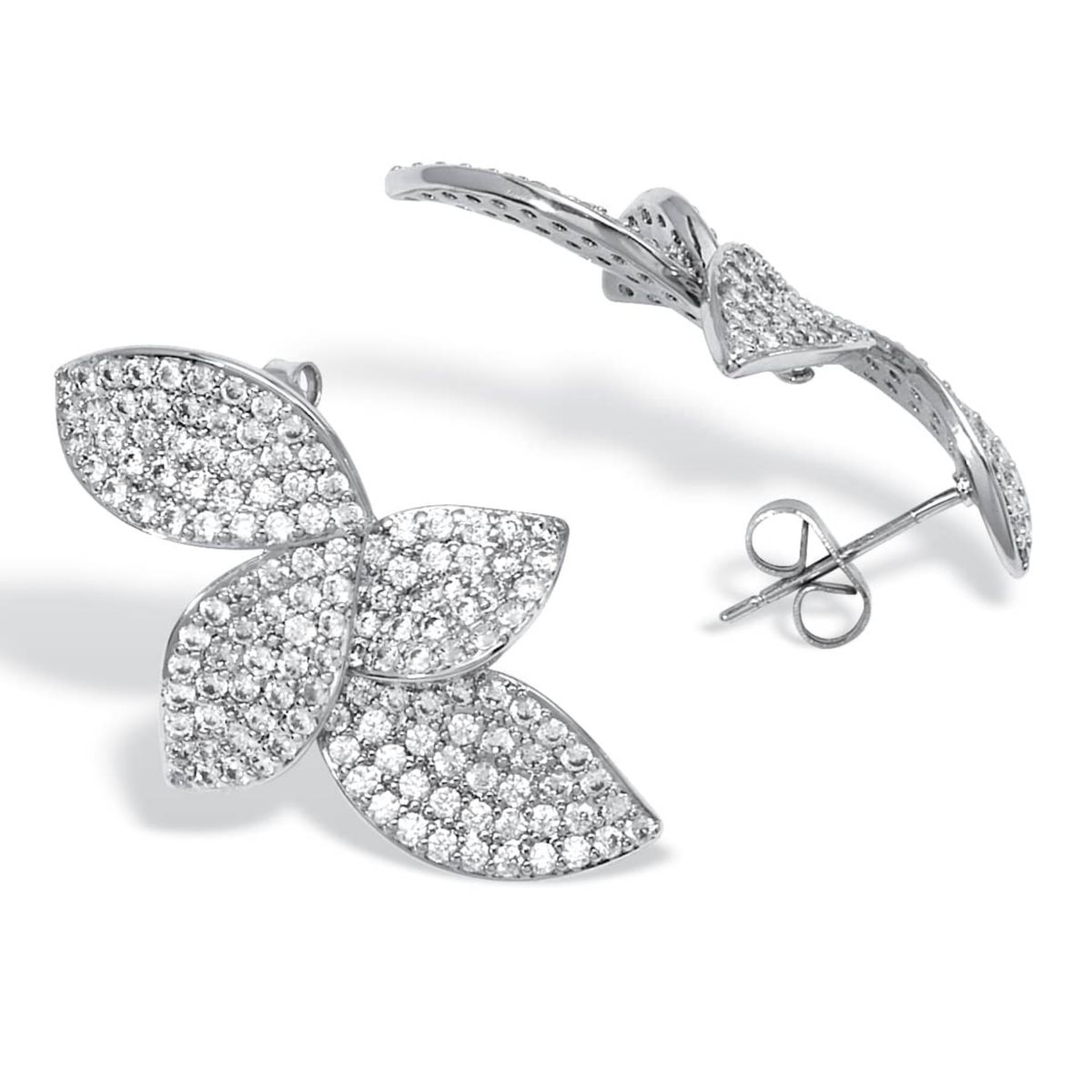 Round Pave-Style Crystal Silvertone Drop Flower Shape Earrings