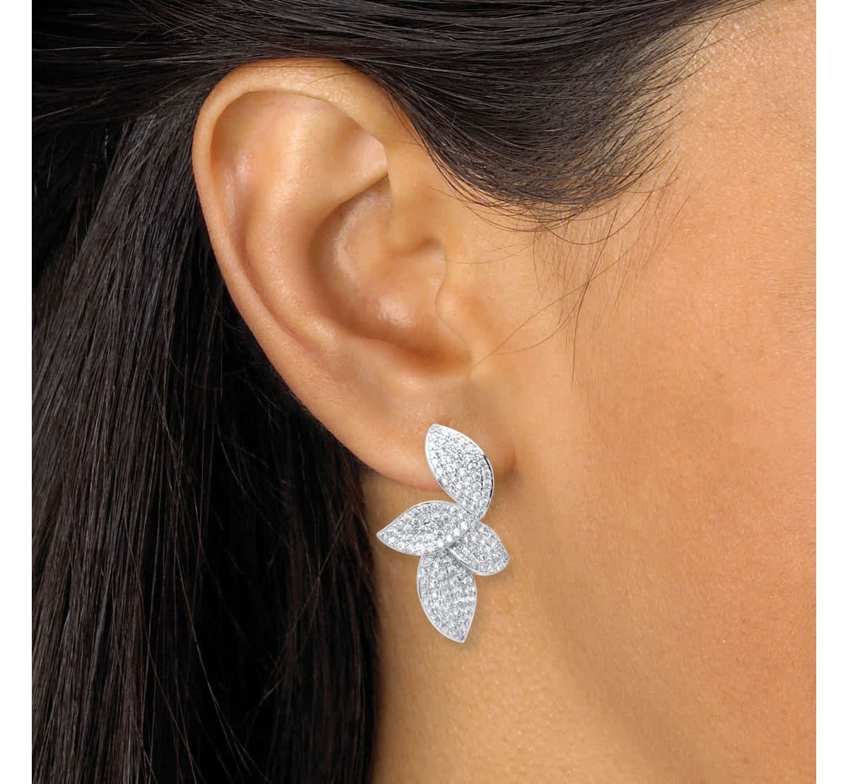 Round Pave-Style Crystal Silvertone Drop Flower Shape Earrings