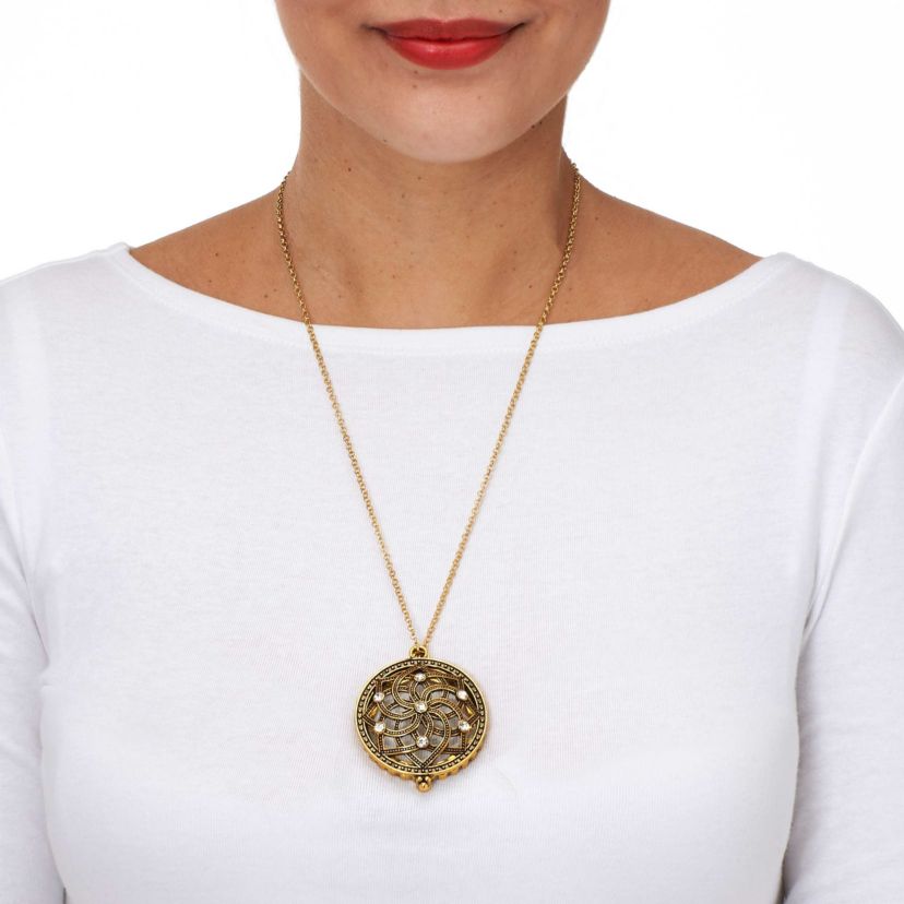 Mandala Flower Magnifying Glass Goldtone Pendant Necklace 23-inch