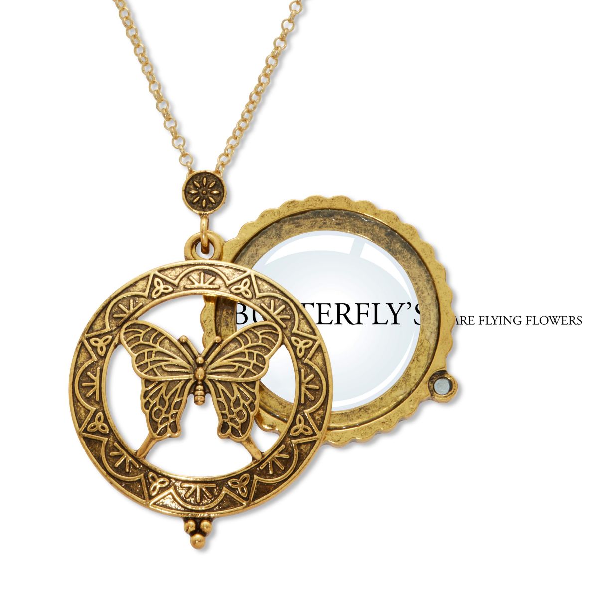 Butterfly Magnifying Glass Goldtone Pendant Necklace 24-inch
