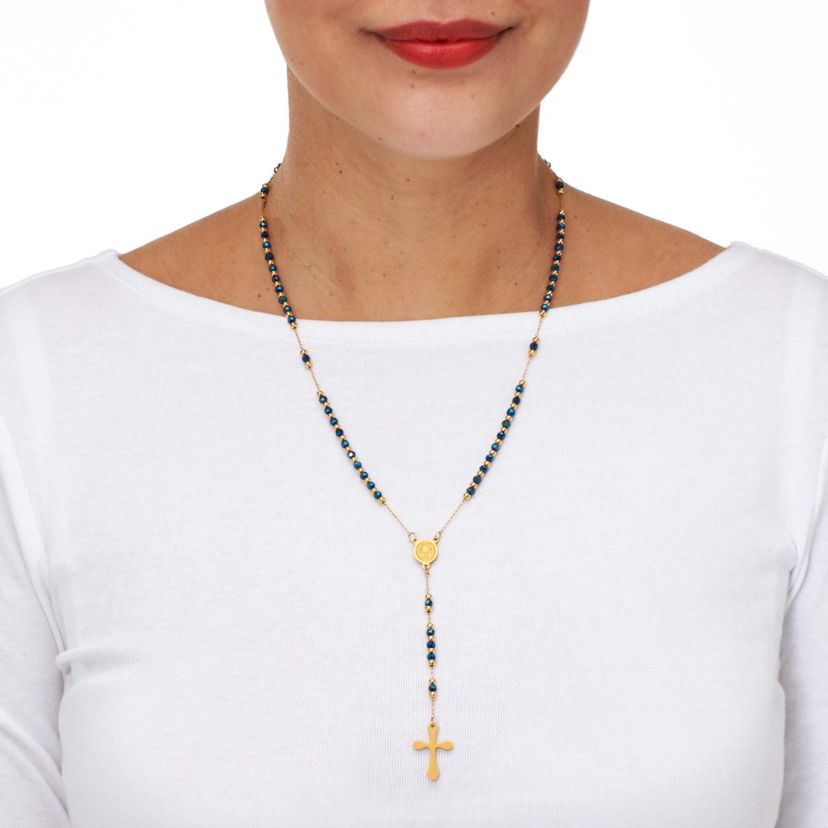 Yellow Gold Ion-Plated Stainless Steel Crystal Beaded Rosary Necklace 21-inch