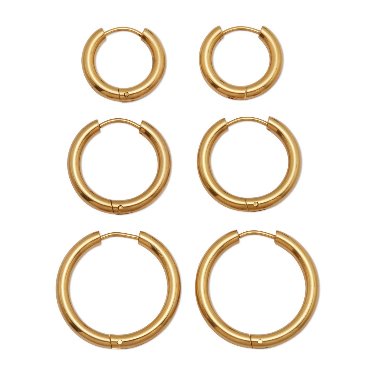 3-Pair Gold Ion-Plated Stainless Steel Hoops, 5/8-inch, 8/10-inch and 1-inch