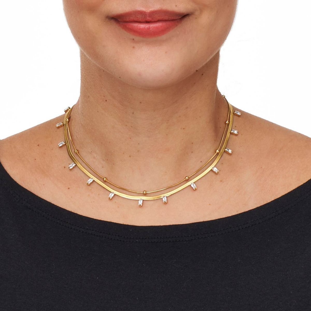 2-Pair Gold Ion-Plated Stainless Steel Crystal Necklace Set 15.5 inch