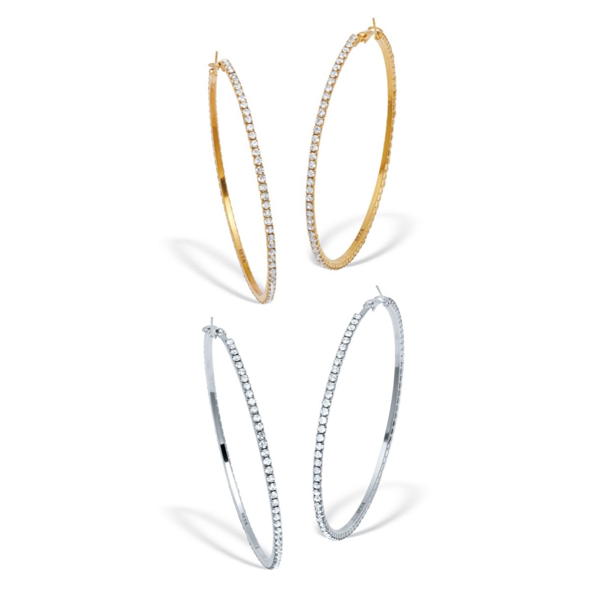 2 Pair Crystal Hoop Goldtone and Silvertone Earrings, 3 Inches