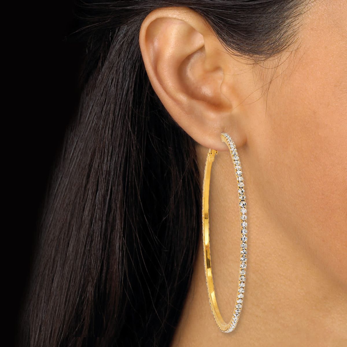 2 Pair Crystal Hoop Goldtone and Silvertone Earrings, 3 Inches