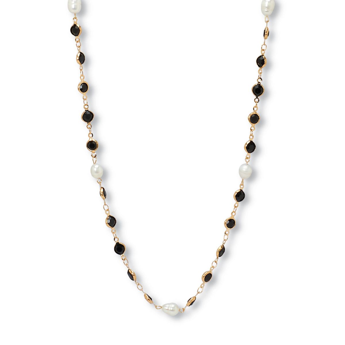 Black Crystal and Pearl Gold Ion-Plated Stainless Steel Long Necklace, 40 Inches