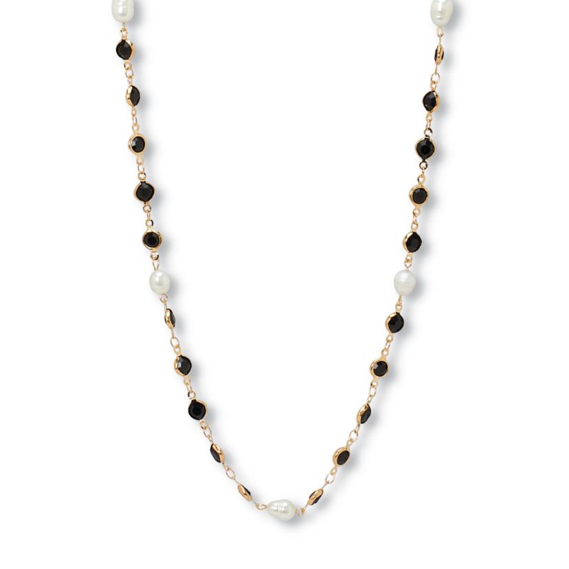 Black Crystal and Pearl Gold Ion-Plated Stainless Steel Long Necklace, 40 Inches